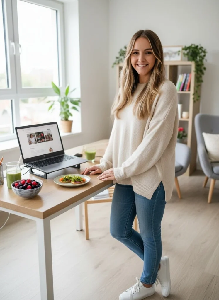 Nutritionist woman standing by a table with healthy food, next to a laptop open to a health and nutrition blog.