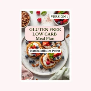 A cover page of a gluten free low carb online diet for reduction and health goals. There is a low carb mal on the picture - low carb pancakes with berries and cream . This meal looks healthy tasty and satisfying. There is a title "gluten free low carb meal plan" and the author name : natalia mikulec pasiut.