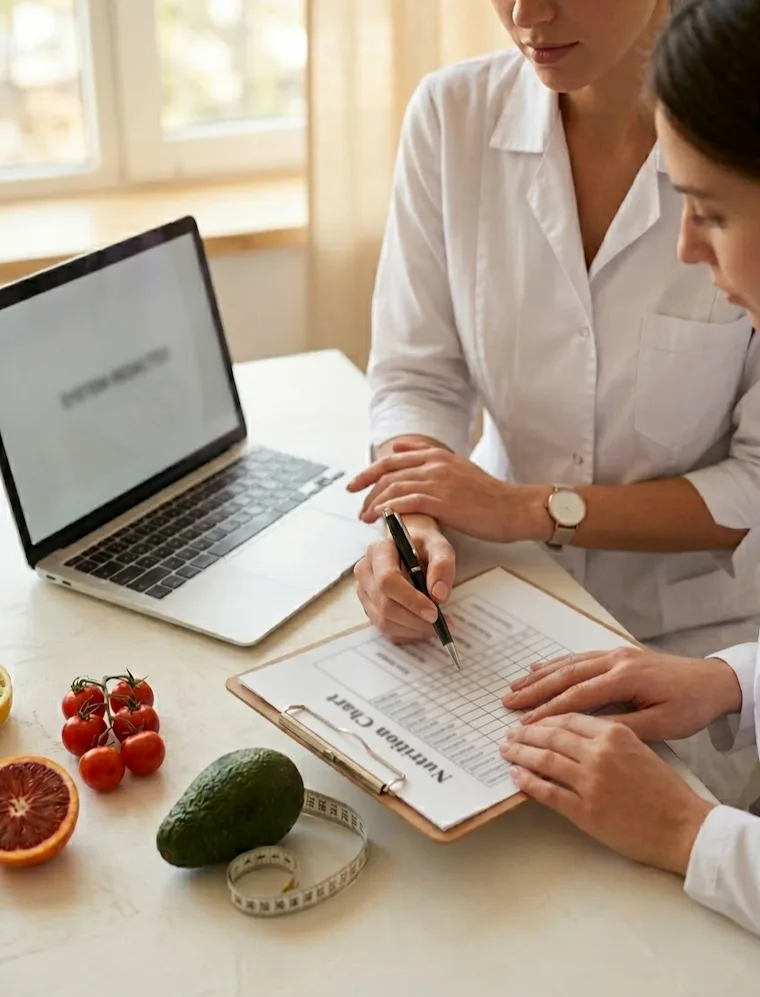 Two ladies - a nutritionist and her client sitting by the desk and anylising nuritional sheet.
